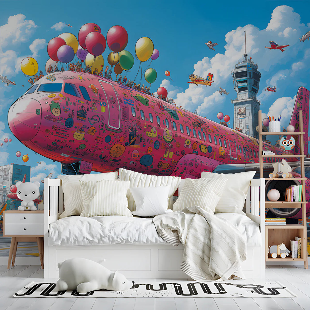 Sticker-Covered Pink Airplane Mural Wallpaper — Whimsical Aviation Mural Wallpaper - pure wallpaper artwork