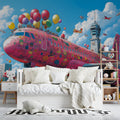 Sticker-Covered Pink Airplane Mural Wallpaper — Whimsical Aviation Mural Wallpaper - pure wallpaper artwork