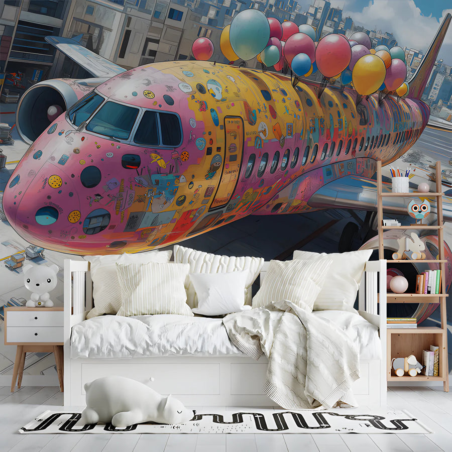 Decorated Airplane Mural Wallpaper — Whimsical Aviation Art Mural Wallpaper