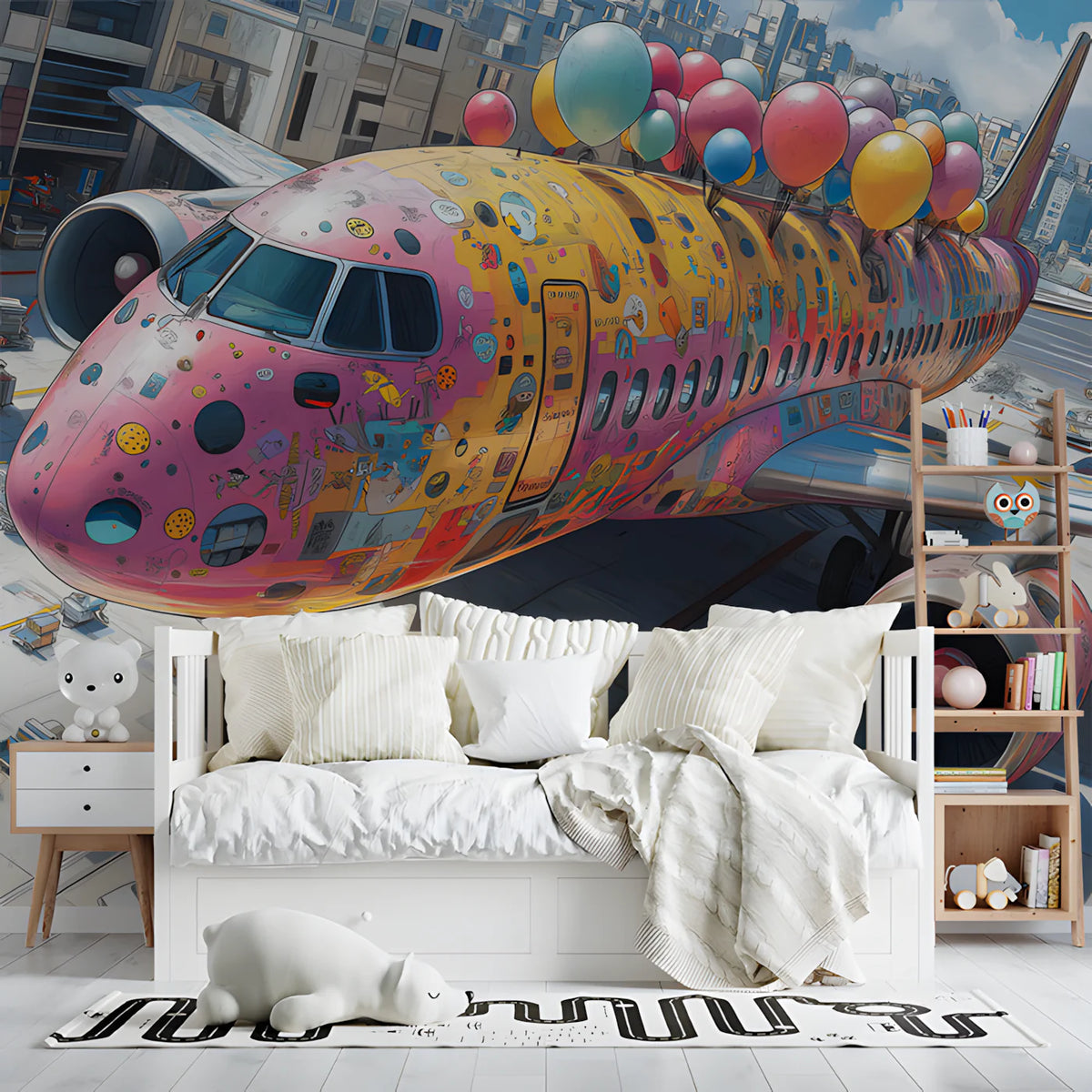 Decorated Airplane Mural Wallpaper — Whimsical Aviation Art Mural Wallpaper - pure wallpaper artwork