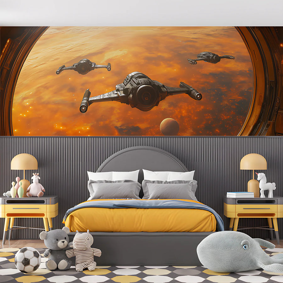 Orbital Fighter Squadron Mural Wallpaper — Futuristic Space View Mural Wallpaper