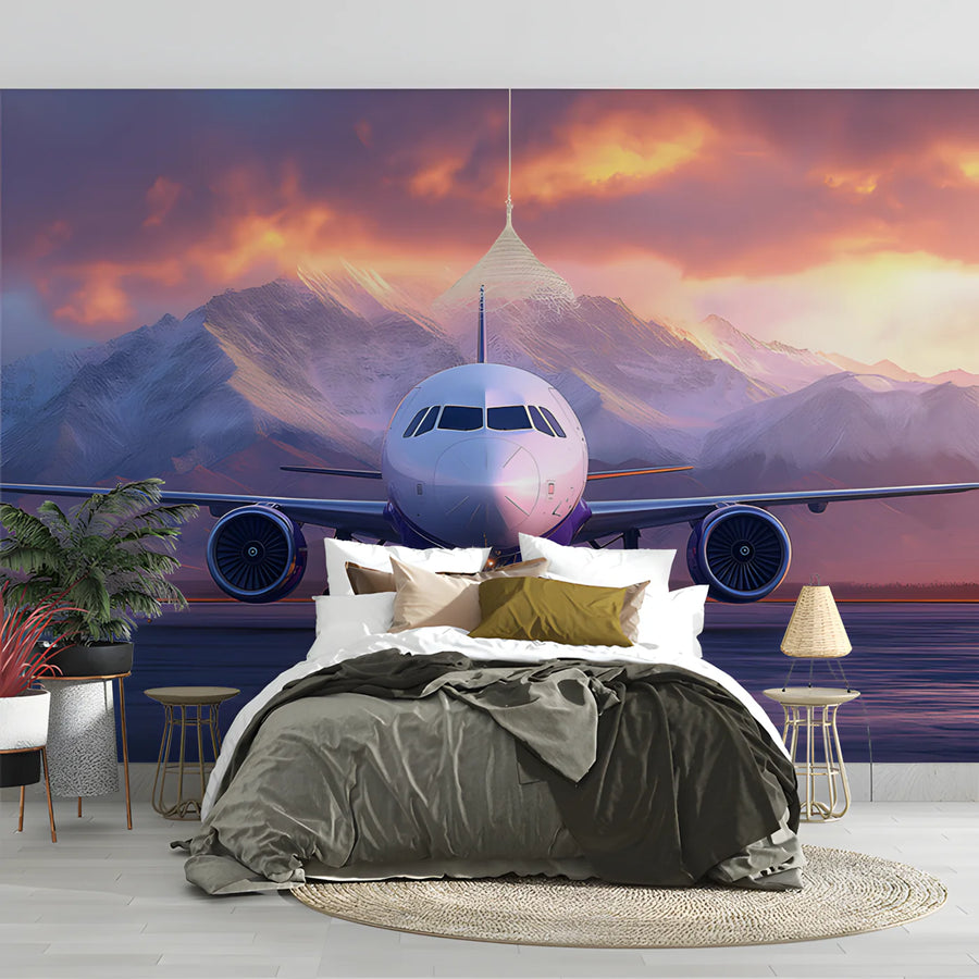 Aviation Sunset Mountain Peak Mural Wallpaper — Cinematic Decor Mural Wallpaper