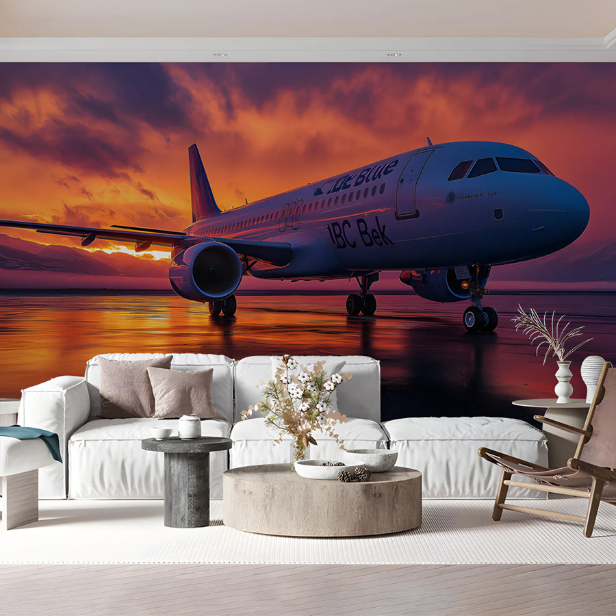 Commercial Jet Sunset Horizon Mural Wallpaper — Aviation Art Mural Wallpaper