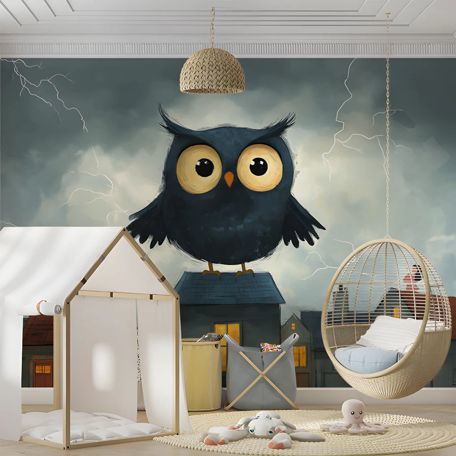 Stormy Night Owl Mural Wallpaper — Whimsical Night Scene Mural Wallpaper