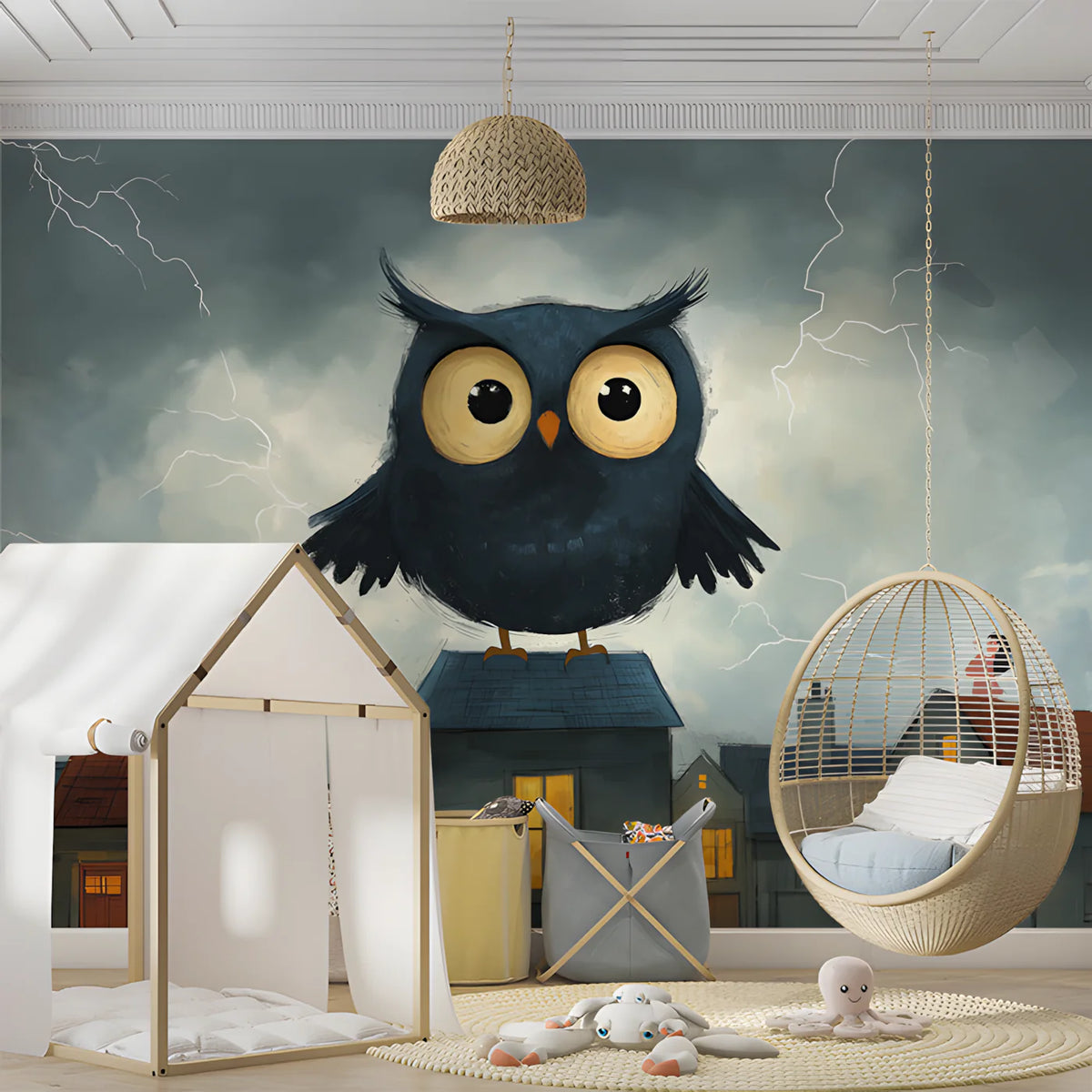 Stormy Night Owl Mural Wallpaper — Whimsical Night Scene Mural Wallpaper - pure wallpaper artwork