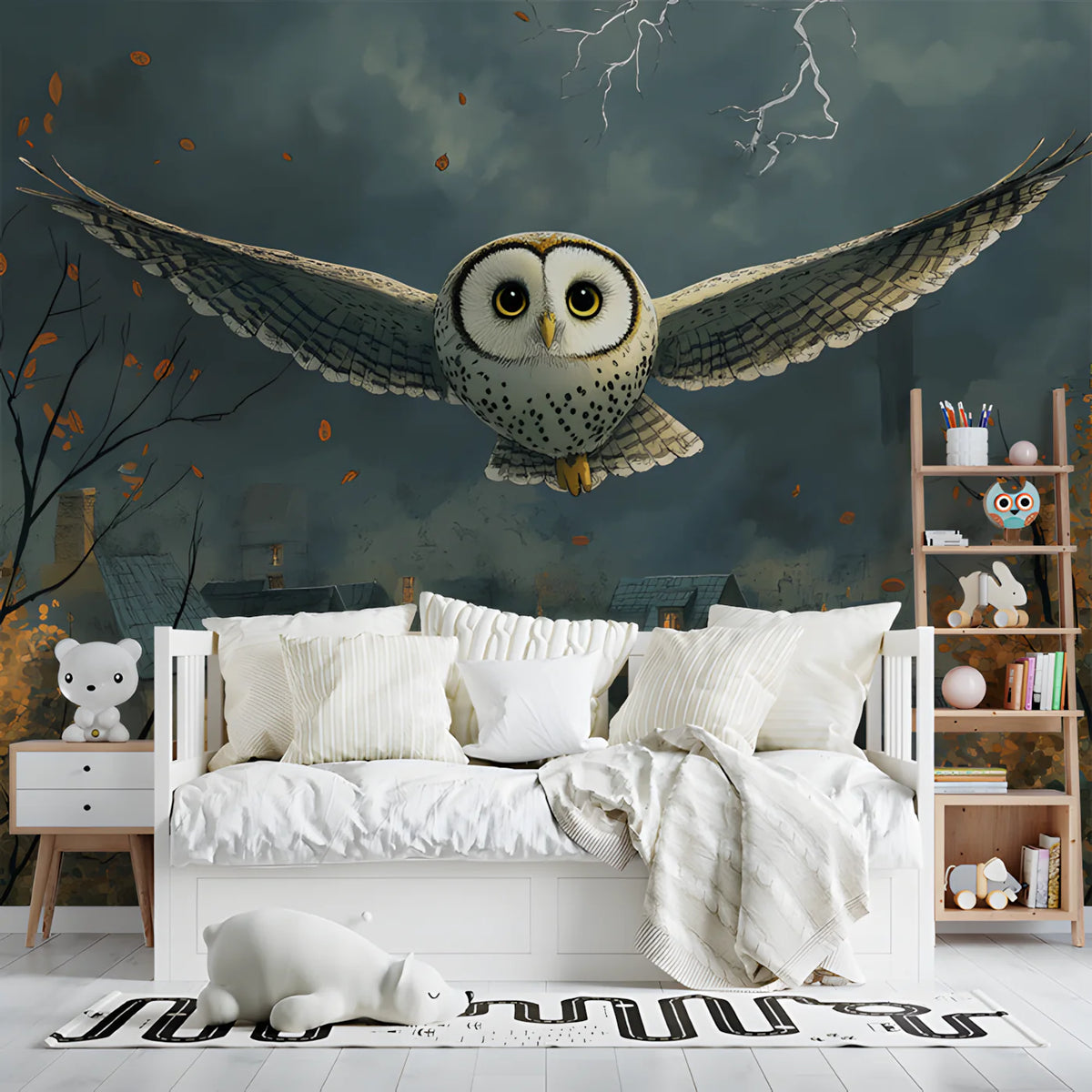 Owl in Night Flight Mural Wallpaper — Dark Academia Illustration Mural Wallpaper - pure wallpaper artwork
