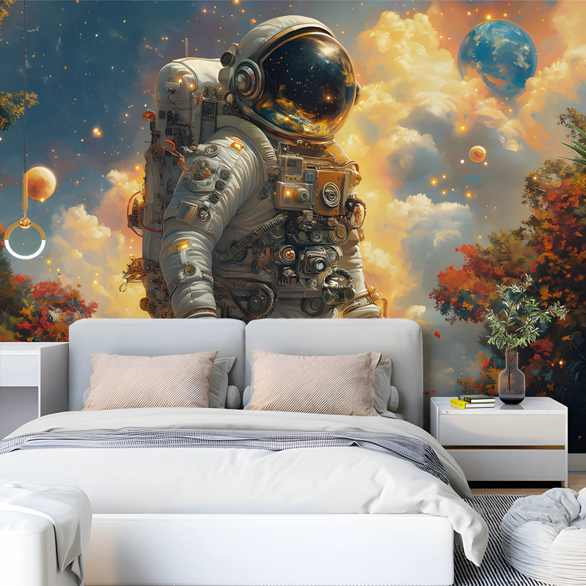 Astronaut in Celestial Forest Mural Wallpaper — Whimsical Space Art Mural Wallpaper - pure wallpaper artwork