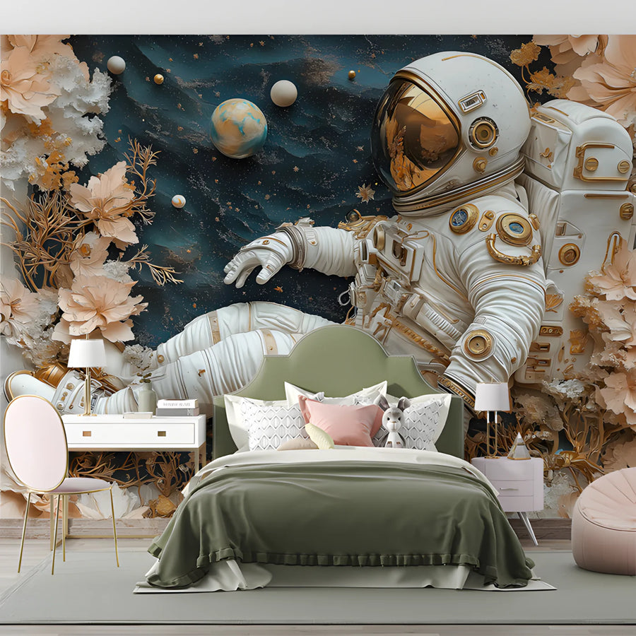 Astronaut and Floral Nebula Mural Wallpaper — Whimsical Decor Mural Wallpaper