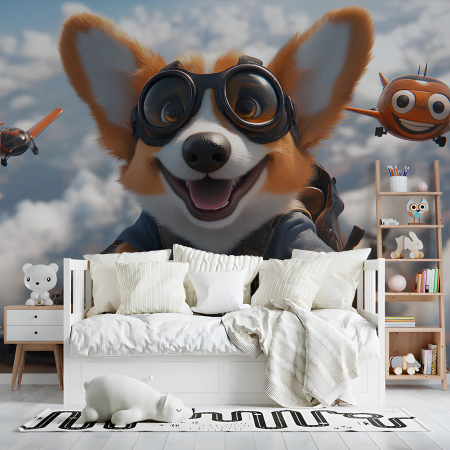 Corgi Pilot Mural Wallpaper in Bedroom Various Colors (Brown, Blue, etc.) of Corgi Pilot Mural Wallpaper