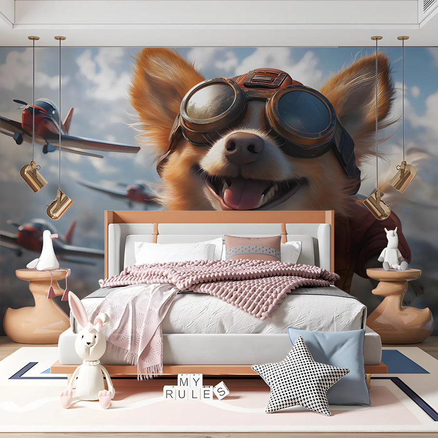 Chihuahua Aviator Mural Wallpaper — Whimsical Dog Pattern Mural Wallpaper