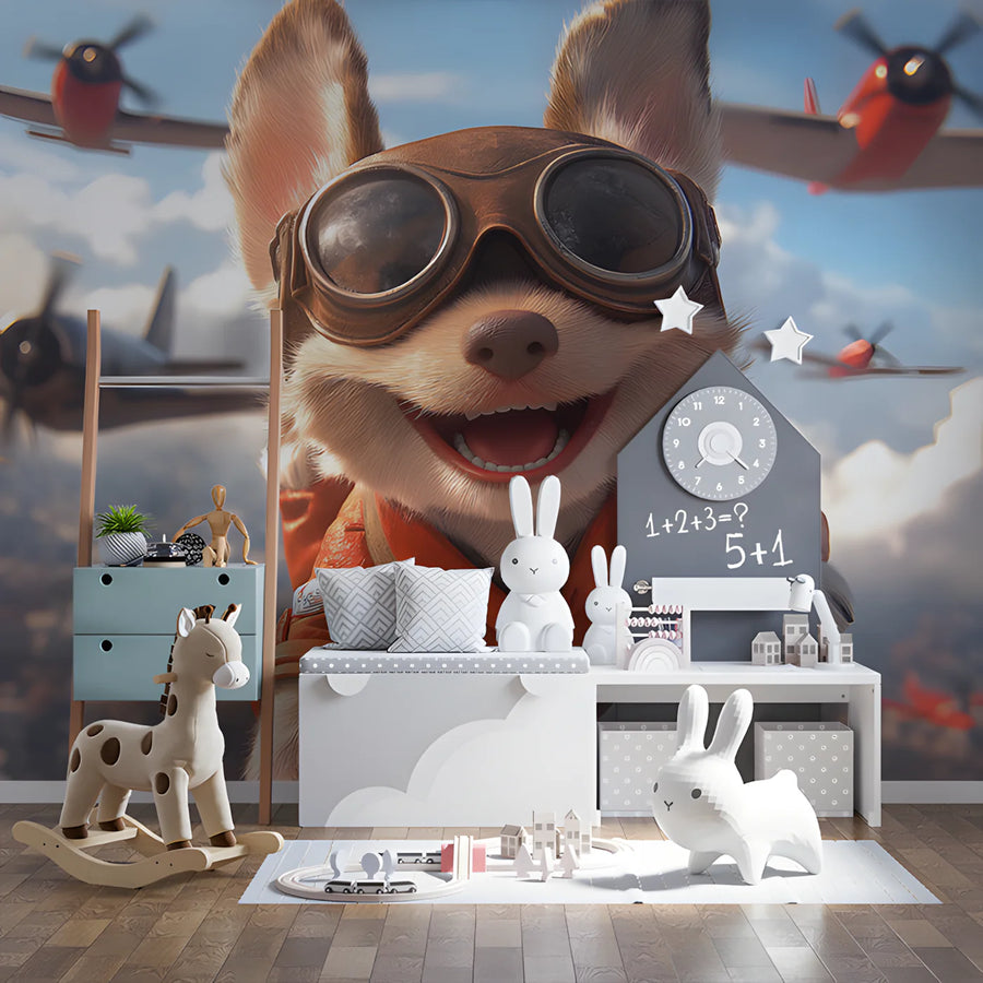 Chihuahua Pilot Aviator Mural Wallpaper — Whimsical Kids Adventure Mural Wallpaper