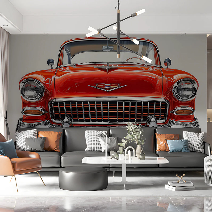 Classic Vintage Red Car Mural Wallpaper —Automotive Retro Style Mural Wallpaper
