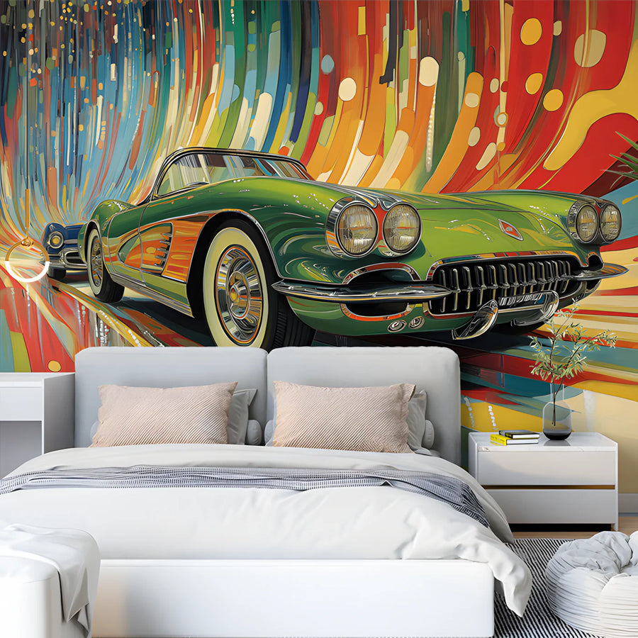 Retro Classic Car Mural Wallpaper — Vibrant Motion Design Mural Wallpaper