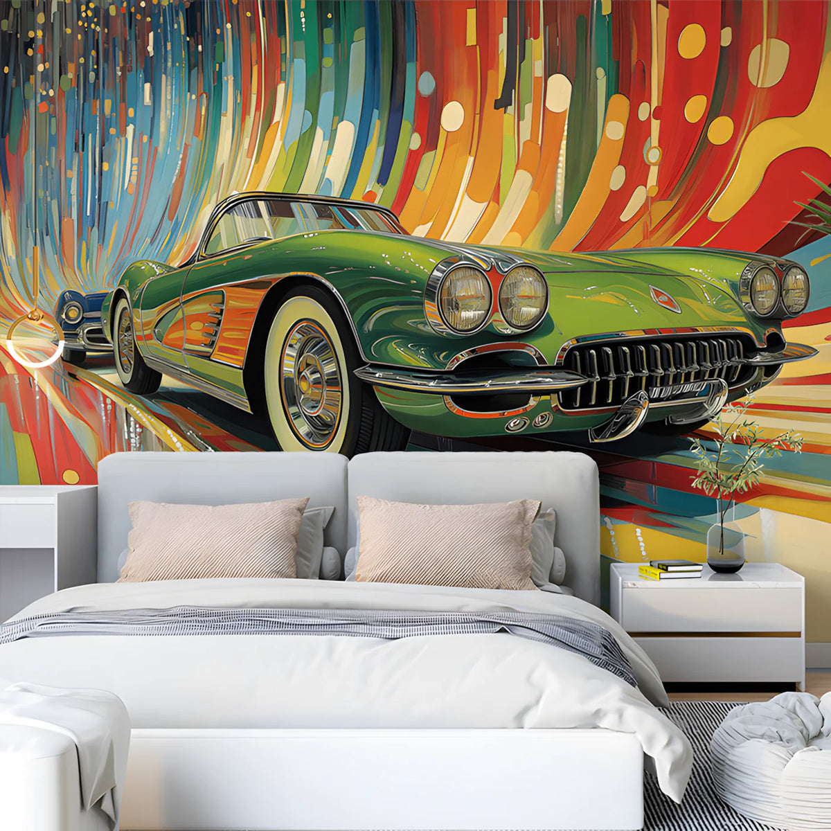 Retro Classic Car Mural Wallpaper — Vibrant Motion Design Mural Wallpaper - pure wallpaper artwork