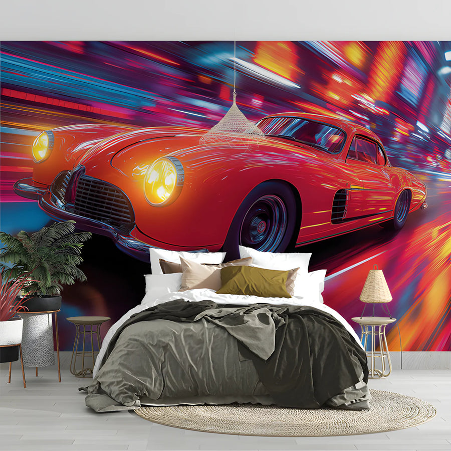 Vintage Red Sportscar Motion Mural Wallpaper — Energetic Aesthetic Mural Wallpaper