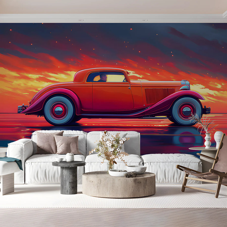 Vintage Hot Rod Sunset Mural Wallpaper — Cinematic Automotive Art Mural Wallpaper