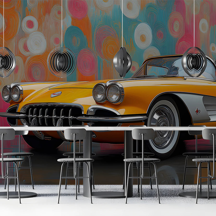 Vintage Yellow Classic Car Mural Wallpaper — Retro Art Style Mural Wallpaper