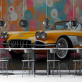 Vintage Yellow Classic Car Mural Wallpaper — Retro Art Style Mural Wallpaper - pure wallpaper artwork