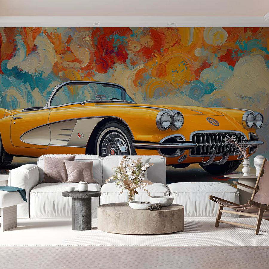 Vintage Yellow Roadster Mural Wallpaper — Expressive Artistic Design Mural Wallpaper