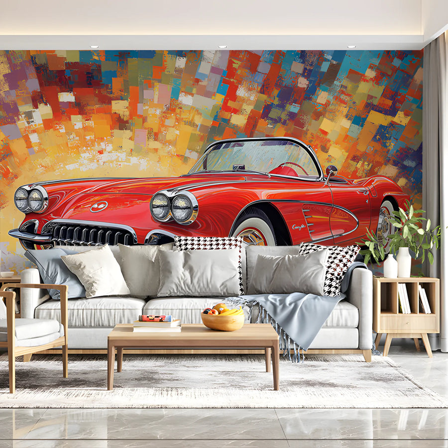 Vintage Classic Car Mural Wallpaper in Abstract Color Mosaic Mural Wallpaper