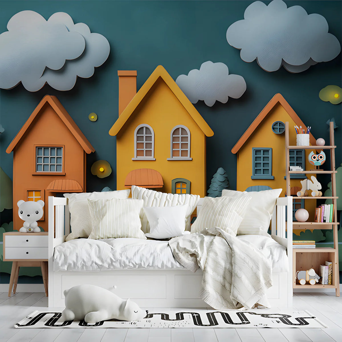 Paper Village Mural Wallpaper — Whimsical Townhouse Scene Mural Wallpaper - pure wallpaper artwork
