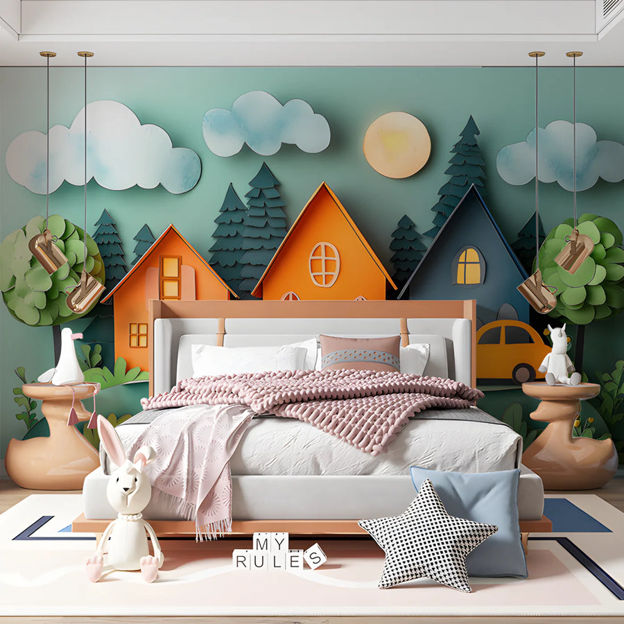 Papercraft Village Mural Wallpaper — Whimsical Town Scene Mural Wallpaper