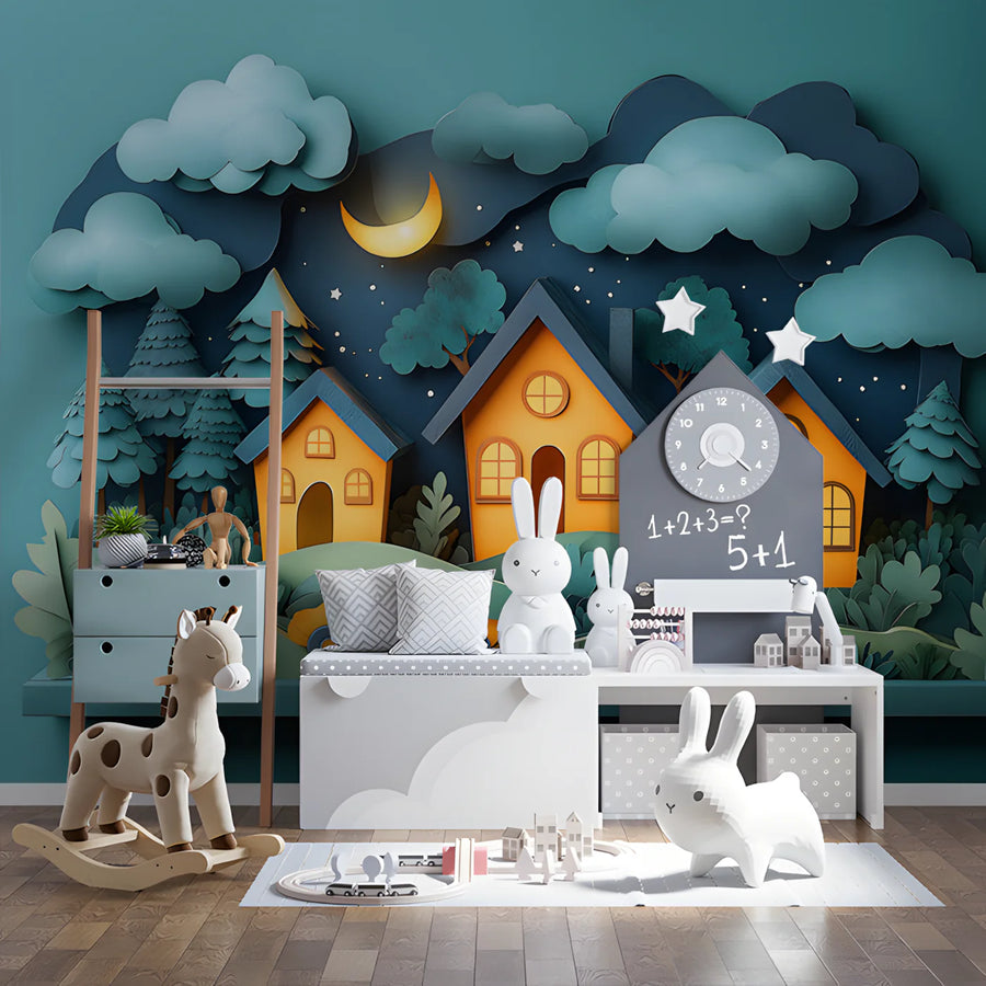 Night Village Papercut Mural Wallpaper — Whimsical Storytelling Mural Wallpaper