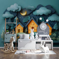 Night Village Papercut Mural Wallpaper — Whimsical Storytelling Mural Wallpaper - pure wallpaper artwork