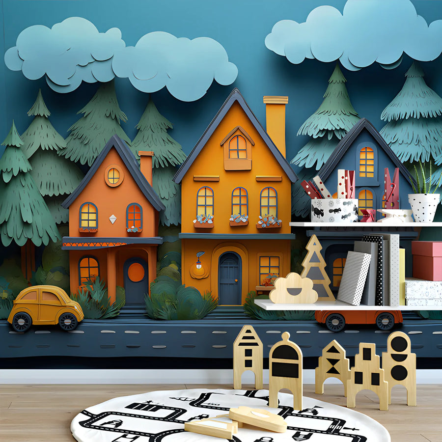 Cozy Neighborhood Mural Wallpaper — Whimsical Papercraft Style Mural Wallpaper