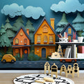 Cozy Neighborhood Mural Wallpaper — Whimsical Papercraft Style Mural Wallpaper - pure wallpaper artwork