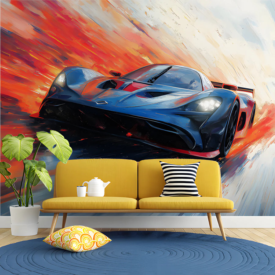 Racing Car Motion Mural Wallpaper — Dynamic Artistic Design Mural Wallpaper