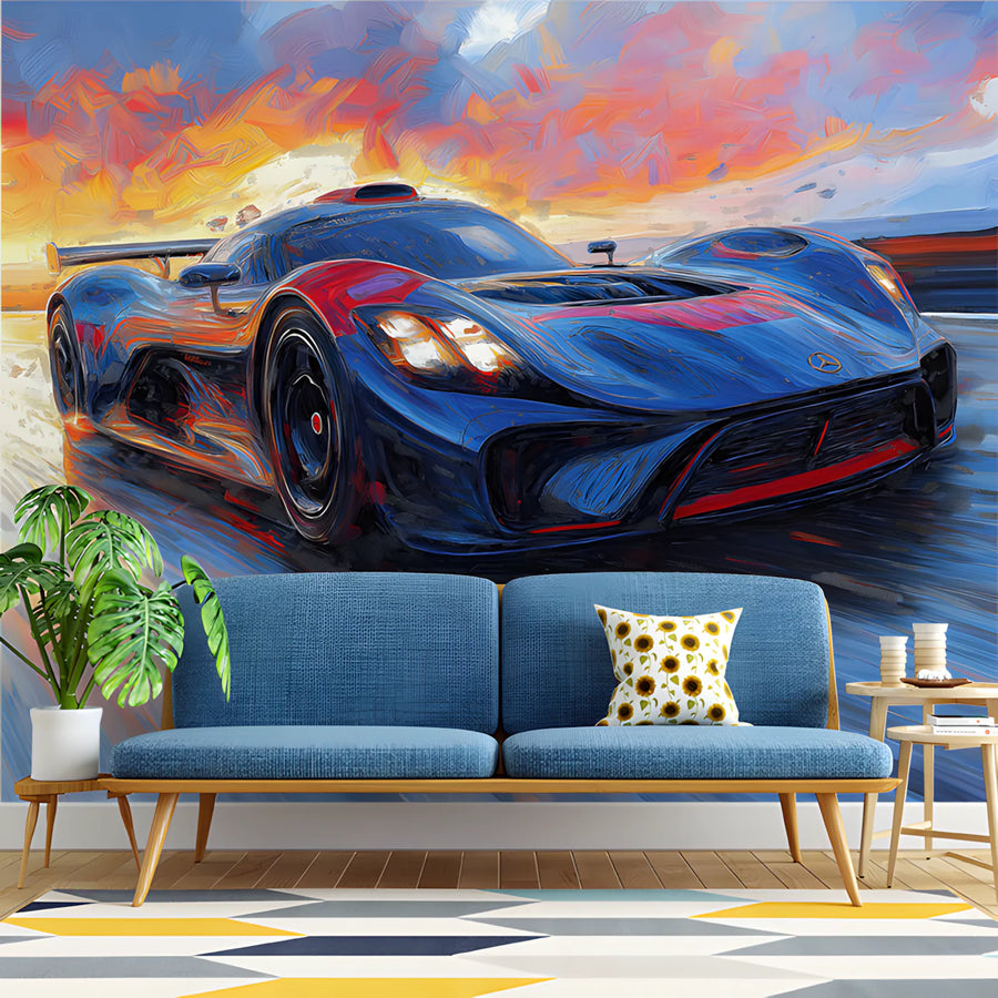 Racing Car in Motion Mural Wallpaper — Dynamic Artistic Design Mural Wallpaper