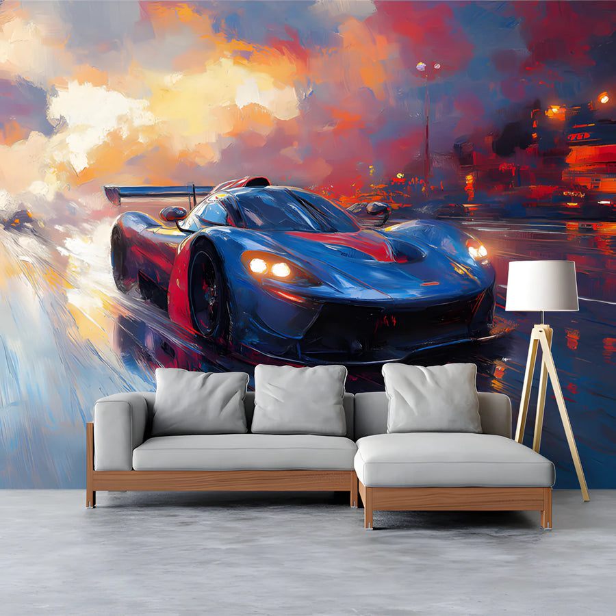Racing Car Oil Painting Mural Wallpaper — Dynamic Automotive Art Mural Wallpaper