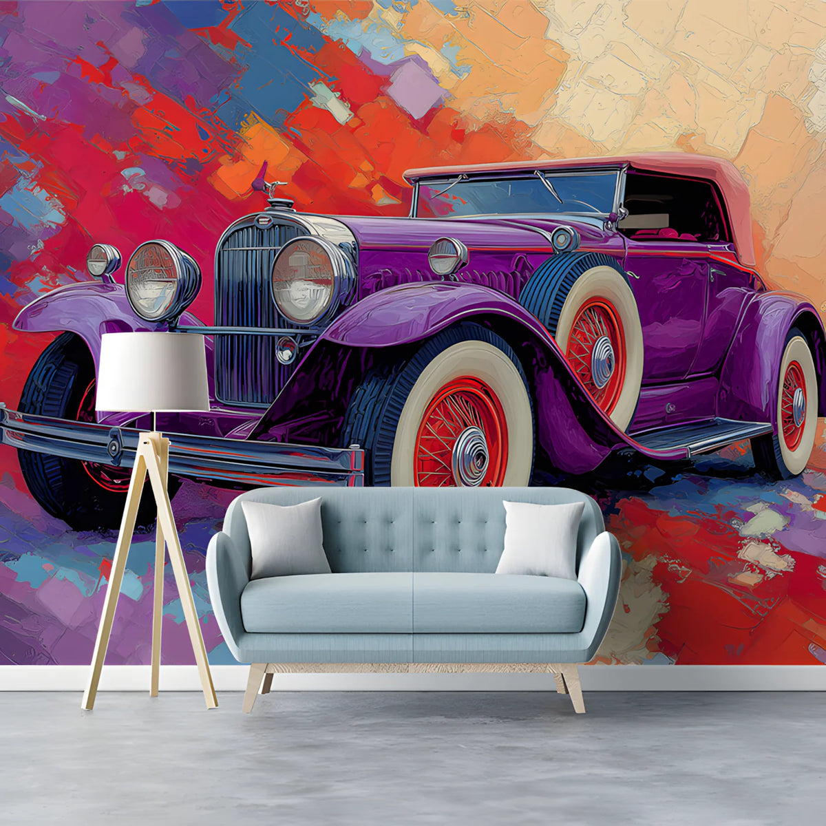 Vintage Purple Roadster Mural Wallpaper — Artistic Retro Car Design Mural Wallpaper - pure wallpaper artwork