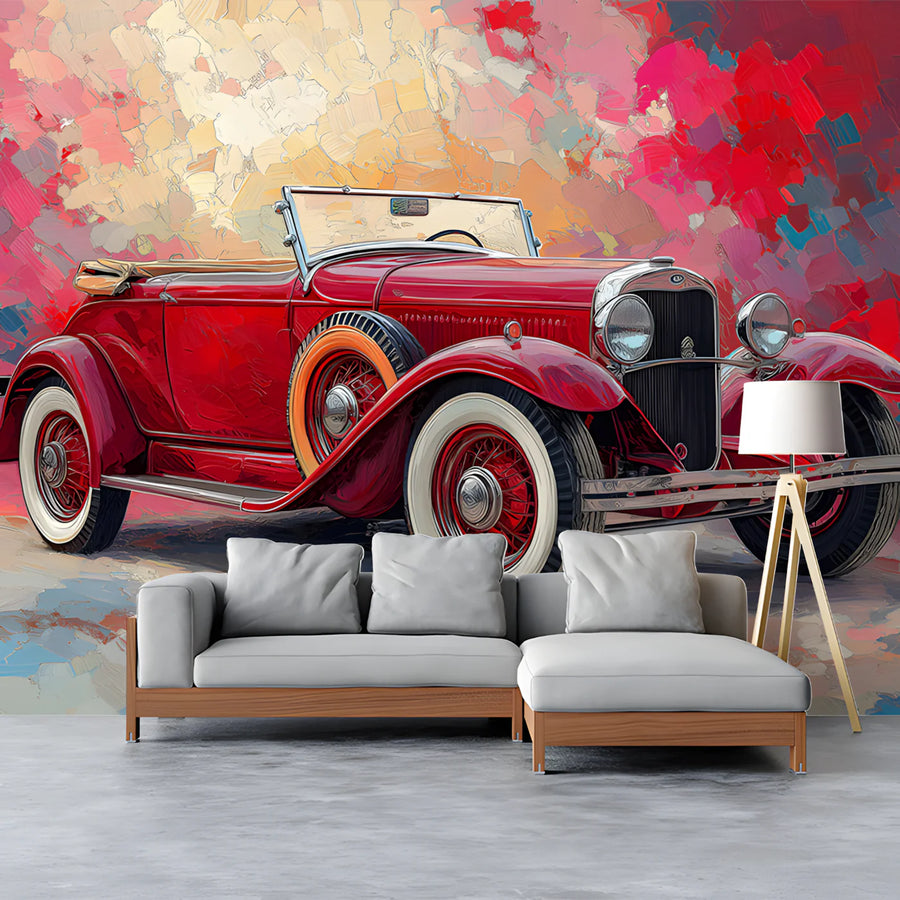Vintage Red Roadster Mural Wallpaper — Artistic Retro Motor Motif Mural Wallpaper