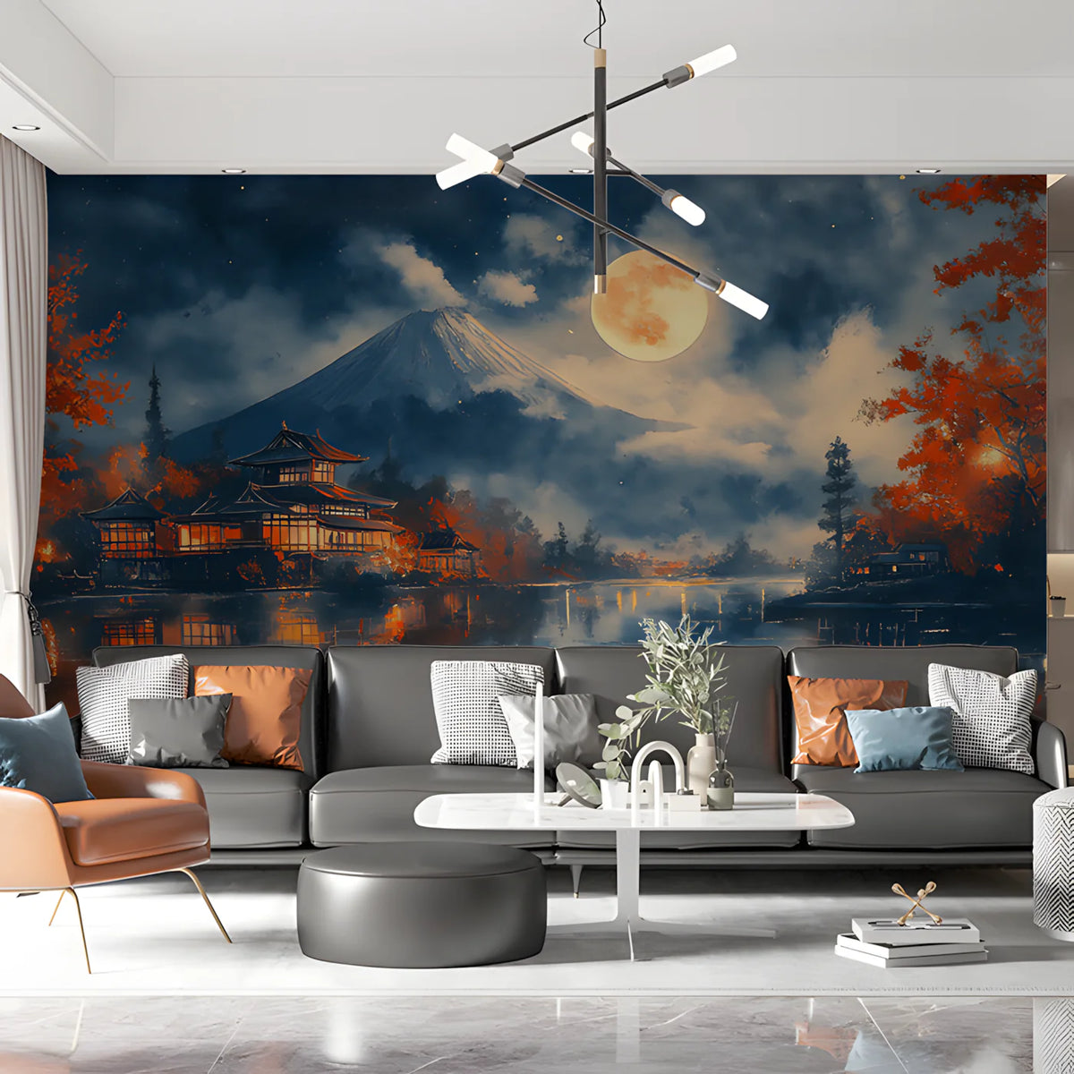 Japanese Mount Fuji Night Mural Wallpaper — Artistic Landscape Mural Wallpaper - pure wallpaper artwork