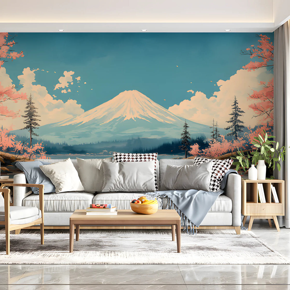 Mount Fuji and Cherry Blossom Mural Wallpaper — Scenic Japanese Art Mural Wallpaper - pure wallpaper artwork