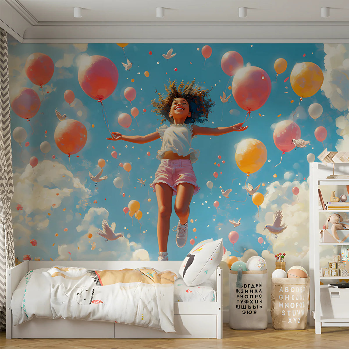 Girl with Floating Balloons Mural Wallpaper — Whimsical Sky Mural Mural Wallpaper - pure wallpaper artwork