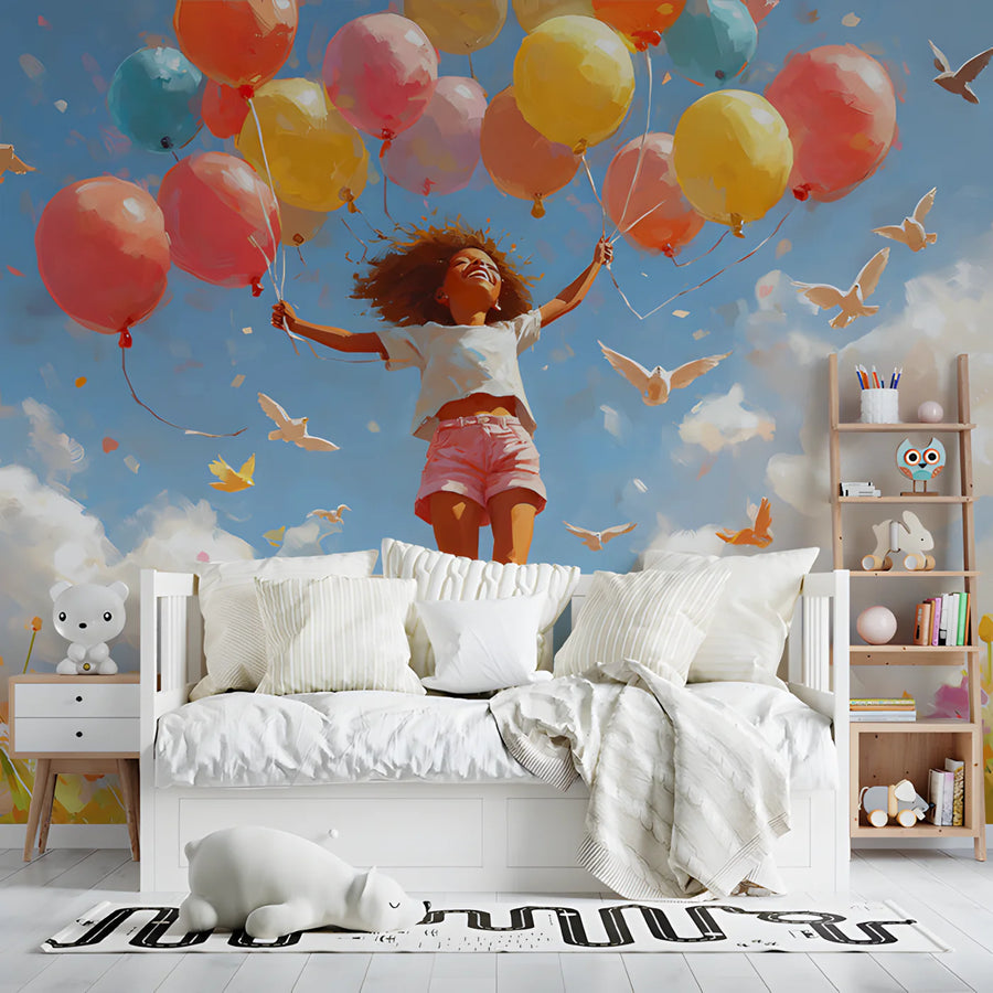 Girl Floating with Balloons Mural Wallpaper —Whimsical Sky Design Mural Wallpaper