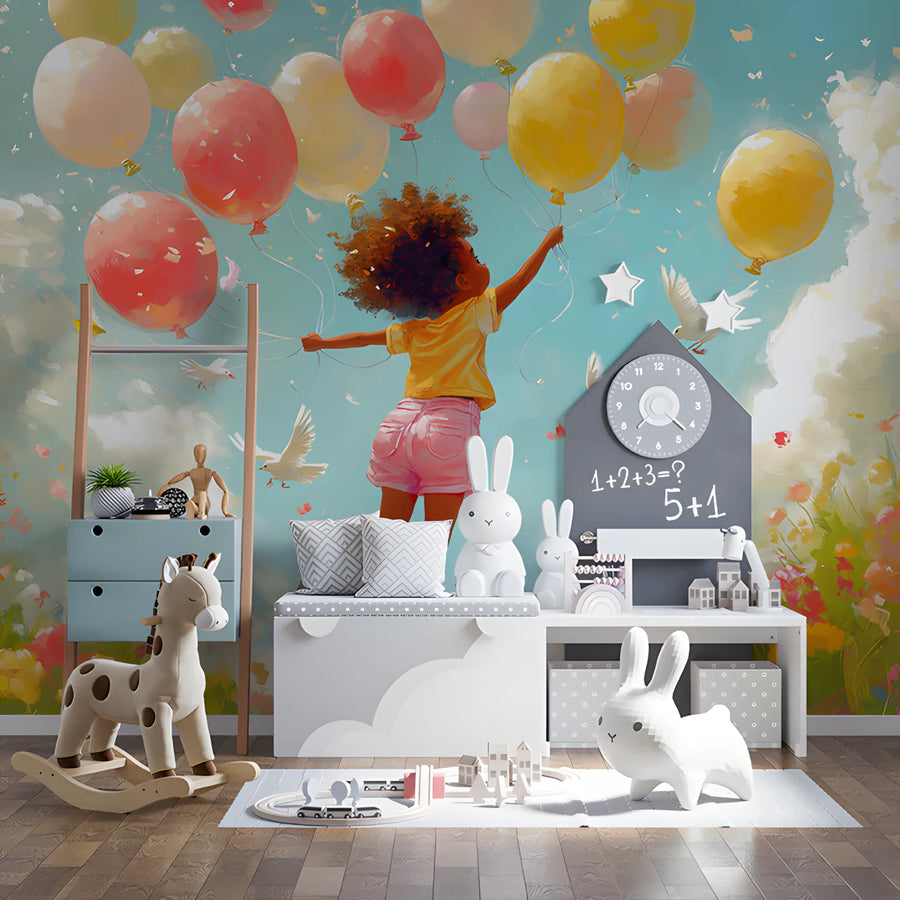 Floating Girl and Balloons Mural Wallpaper — Whimsical Sky Scene Mural Wallpaper