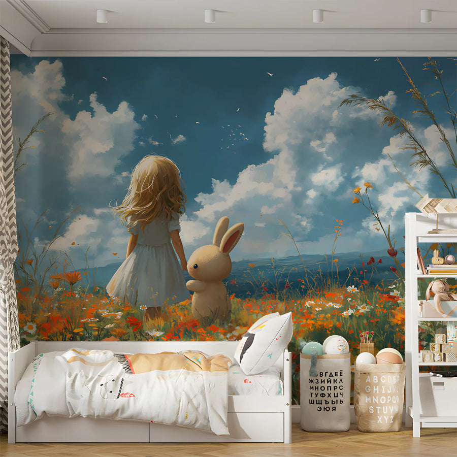 Girl and Bunny Meadow Mural Wallpaper — Whimsical Field Illustration Mural Wallpaper
