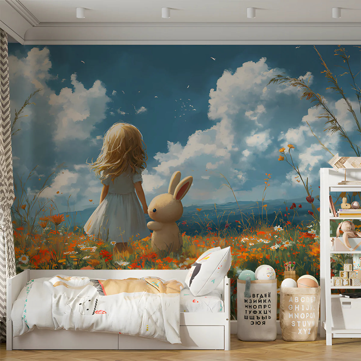 Girl and Bunny Meadow Mural Wallpaper — Whimsical Field Illustration Mural Wallpaper - pure wallpaper artwork