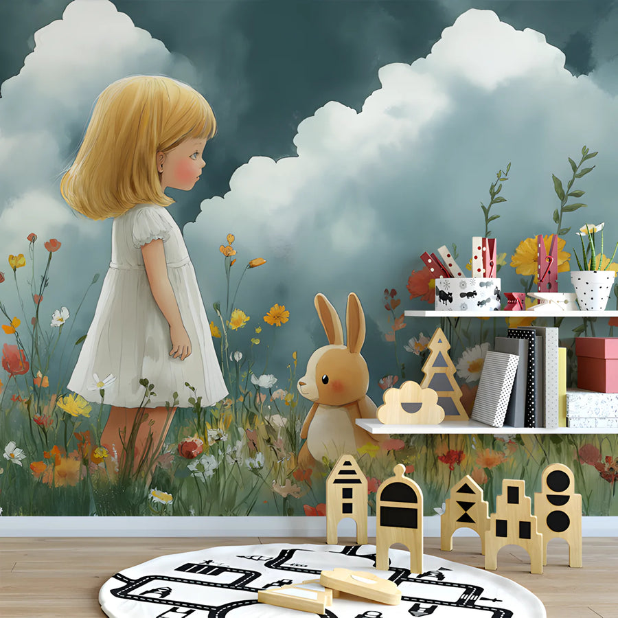 Girl and Rabbit Meadow Mural Wallpaper — Whimsical Storybook Art Mural Wallpaper