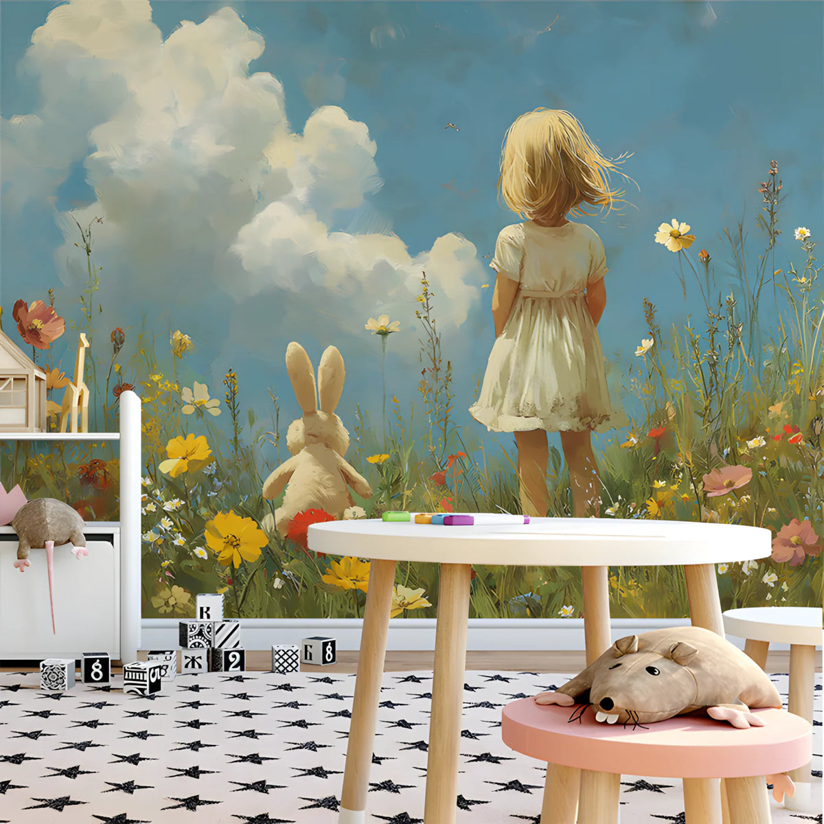 Girl and Rabbit Meadow Mural Wallpaper — Whimsical Field Scene Mural Wallpaper - pure wallpaper artwork
