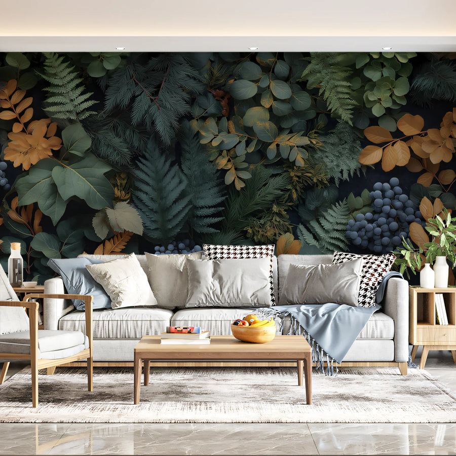 Autumn Botanical Mural Wallpaper — Deep Green and Ochre Foliage Mural Wallpaper