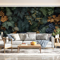 Autumn Botanical Mural Wallpaper — Deep Green and Ochre Foliage Mural Wallpaper - pure wallpaper artwork