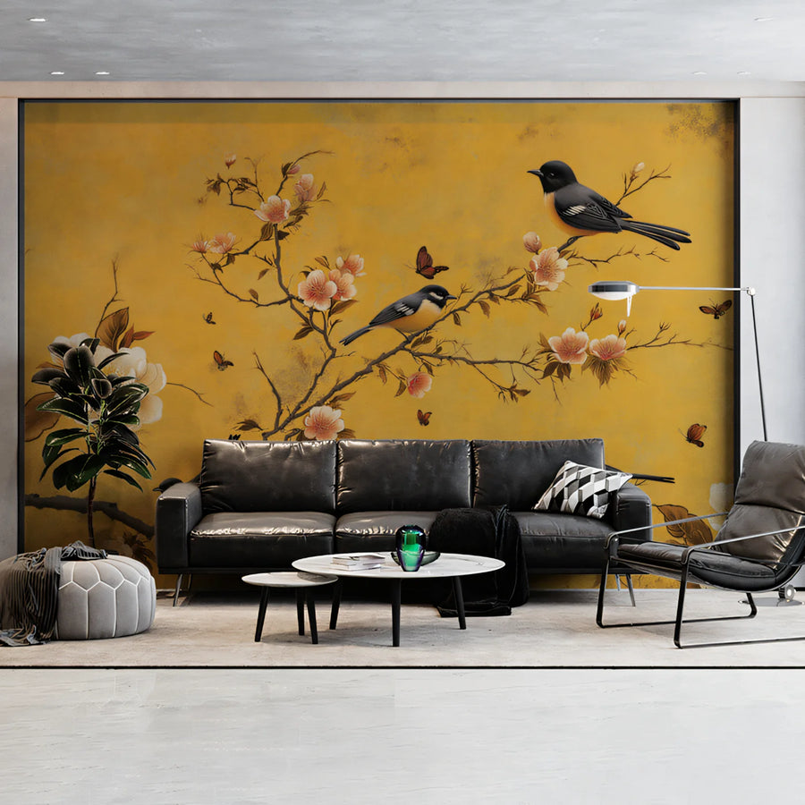 Chinoiserie Bird and Blossom Mural Wallpaper — Ochre Yellow Mural Wallpaper