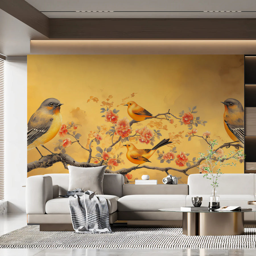 Sunlit Songbirds Mural Wallpaper — Traditional Floral Art Mural Wallpaper