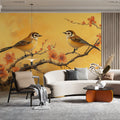 Chinoiserie Songbird Mural Wallpaper — Ochre Floral Art Mural Wallpaper - pure wallpaper artwork