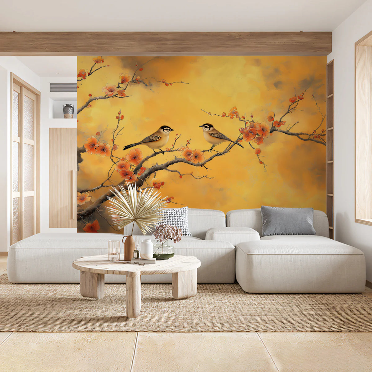 Sun-Drenched Blossom and Bird Mural Wallpaper — Traditional Art Mural Wallpaper - pure wallpaper artwork